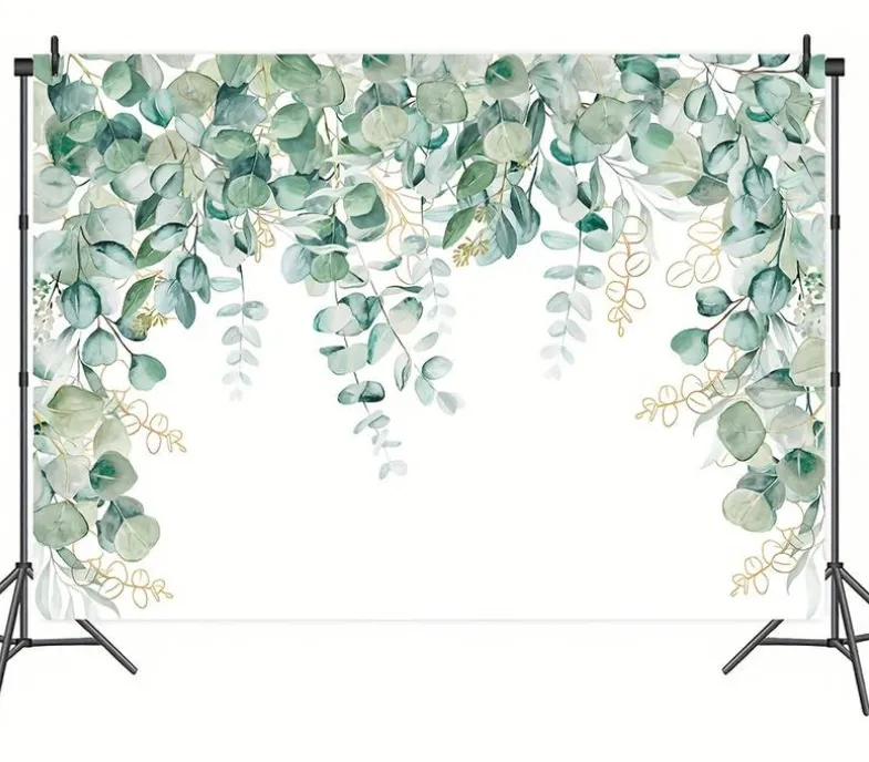 Achtergronddoek eucalyptus, opgespannen tussen twee statieven.