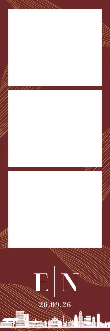 Fotostrip: Bordeauxrood, met gouden lijnen, de initialen en een skyline.