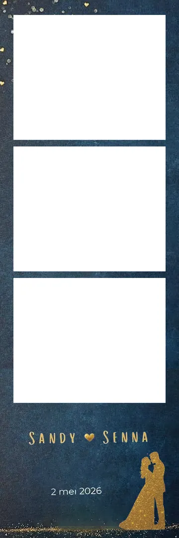 Fotostrip: Donkerblauw, met gouden glitters en een gouden silhouet van een bruidspaar.
